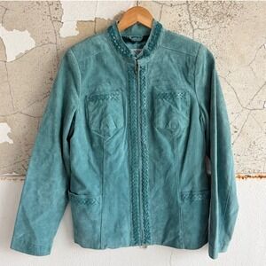 Vtg 90s Suede Jacket Turquoise Teal Braided Trim Bradley Bayou Leather Womens M